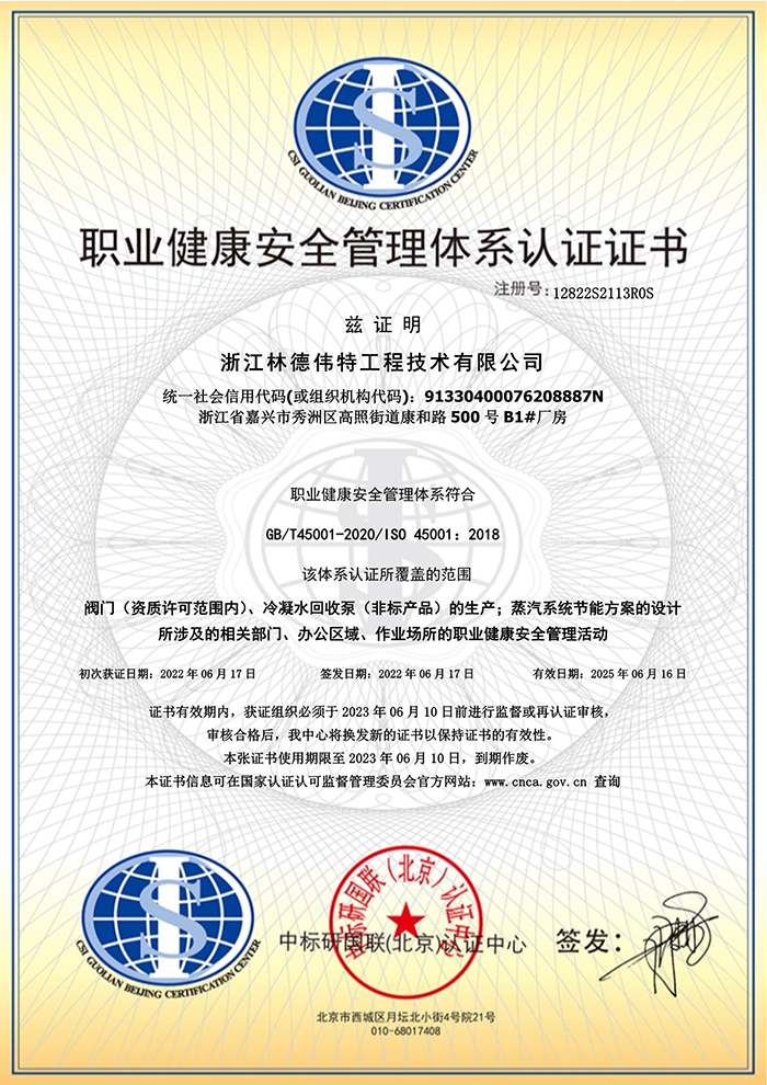 林德偉特職業(yè)健康安全認(rèn)證證書(shū)